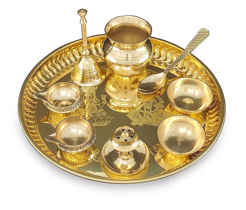 NOBILITY Brass Pooja thali 8 Inch with Accessories Ganesh Lakshmi Design Puja Set Wedding Return Gift Items