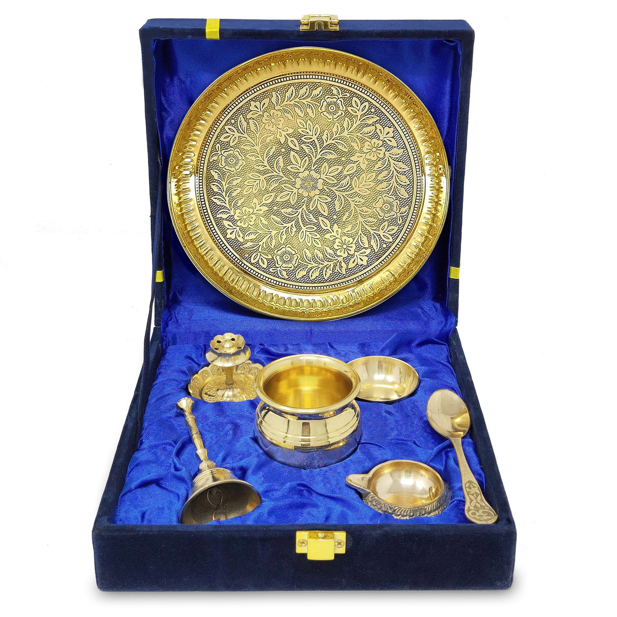 NOBILITY Pure Brass Pooja Thali Set 6 Inch with Blue Velvet Gift Box