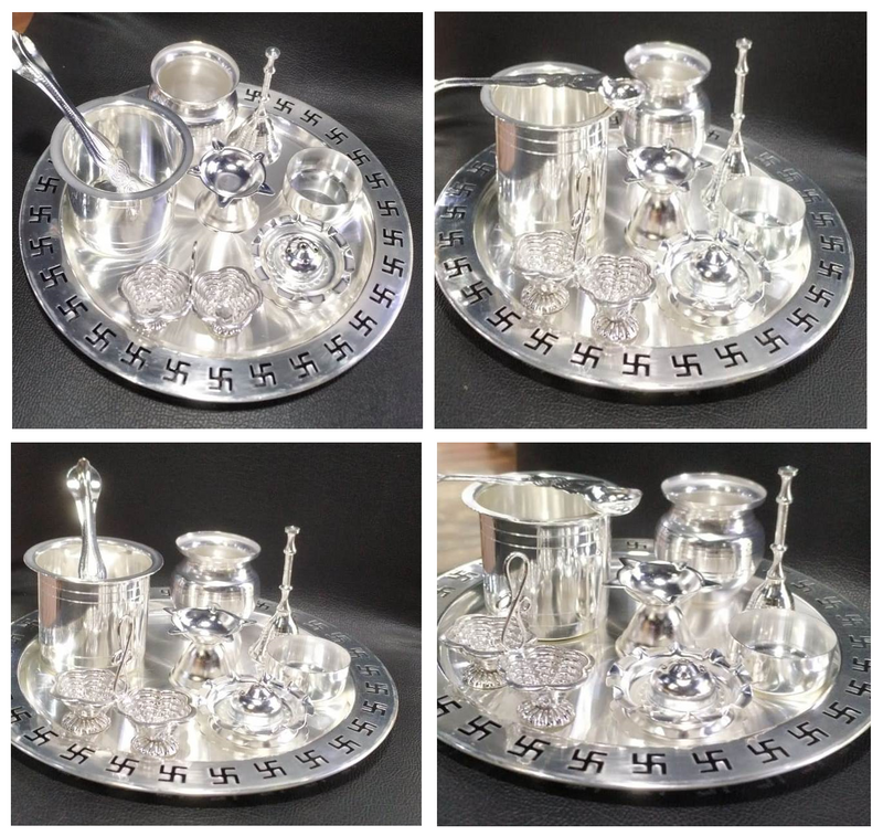 NOBILITY Silver Plated Pooja Thali Set Glossy Puja Thali Set 9 Inch Ethnic Pooja Thali for Home Temple Office Wedding Return Gift Items