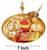 NOBILITY Brass Pooja thali 7 Inch with Kalash Kuber Diya and Other Accessories Ganesh Lakshmi Design Subh Labh Daily Puja Thali Set for Festival Home Office Mandir Diwali Gift Items