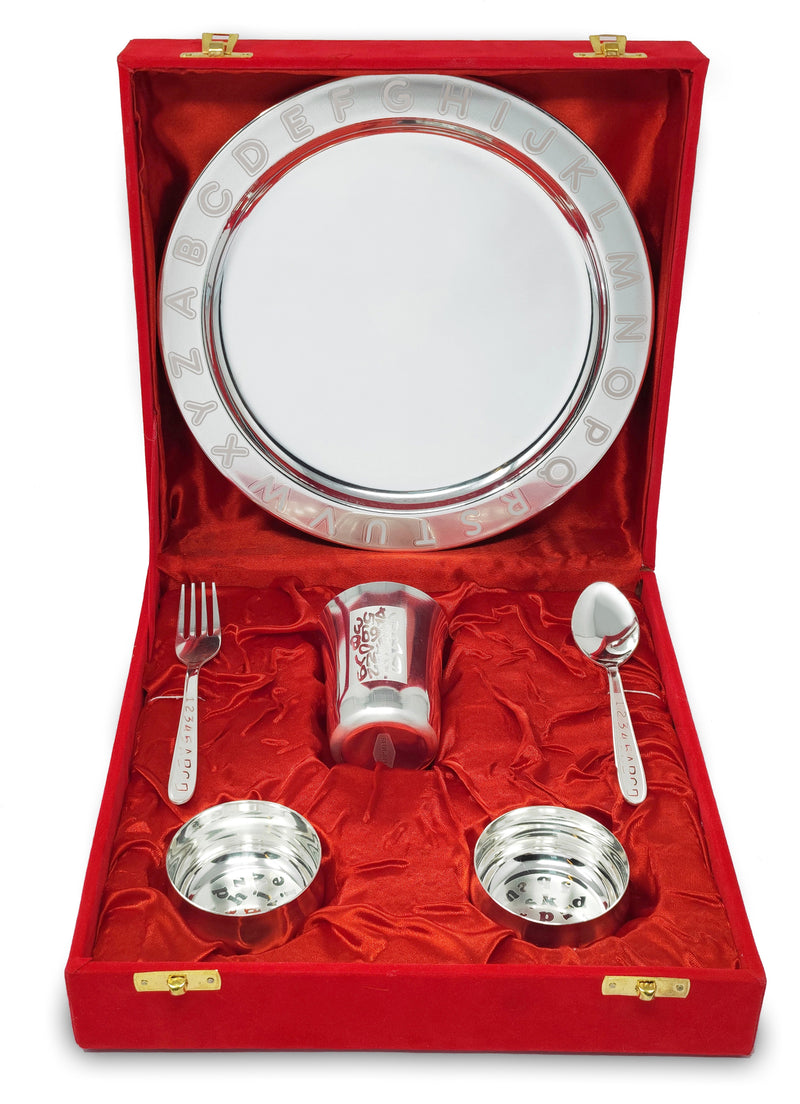 NOBILITY Silver Plated Baby Dinner Set With Red Velvet Box for Gift Rice Ceremony Annaprashan Sanskar for Boys Girls Kids Birthday Return Festive Gift Items