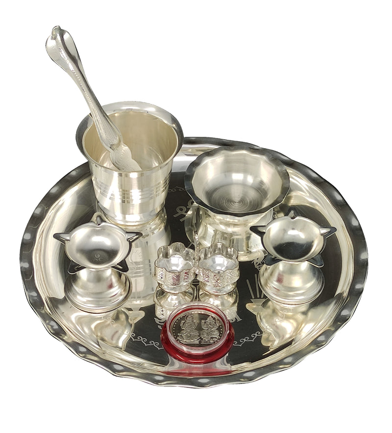 NOBILITY Silver Plated Pooja thali Set 8 Inch with Plate Bowl Glass Palli Diya Coin Puja Thali for Diwali Home Office Mandir Wedding Return Gift Items