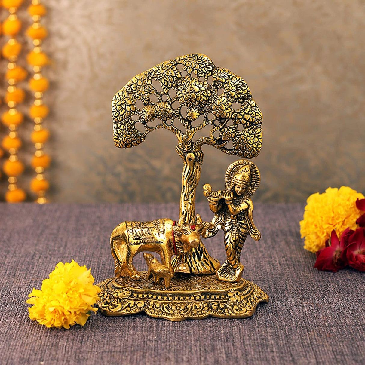 NOBILITY Krishna Statue Idol with Cow and Calf Under Tree Idol Hindu Puja Religious Murti for Janmashtami Diwali Home Decoration Temple Pooja Decor Wedding Return Gift Items