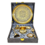 NOBILITY Brass Pooja Thali Set with Grey Gift Box 6 Inch Pital Plate Kalash Spoon Chandan Wati Dhup Dan Kuber Diya Ghanti Puja Arti Thali for Diwali Home Office Mandir Wedding Return Gifts