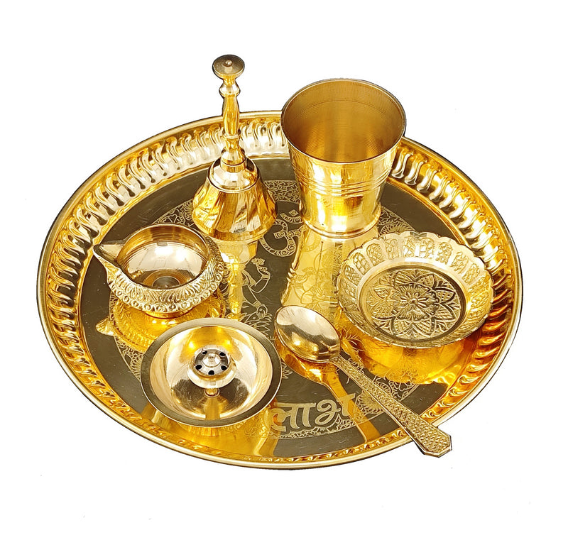 NOBILITY Brass Pooja Thali Set 8 Inch with Pital Puja Plate Glass Kangura Plate Spoon Dhup Dan Kuber Deep Ghanti Arti Thali for Diwali Home Office Mandir Wedding Return Gift Items