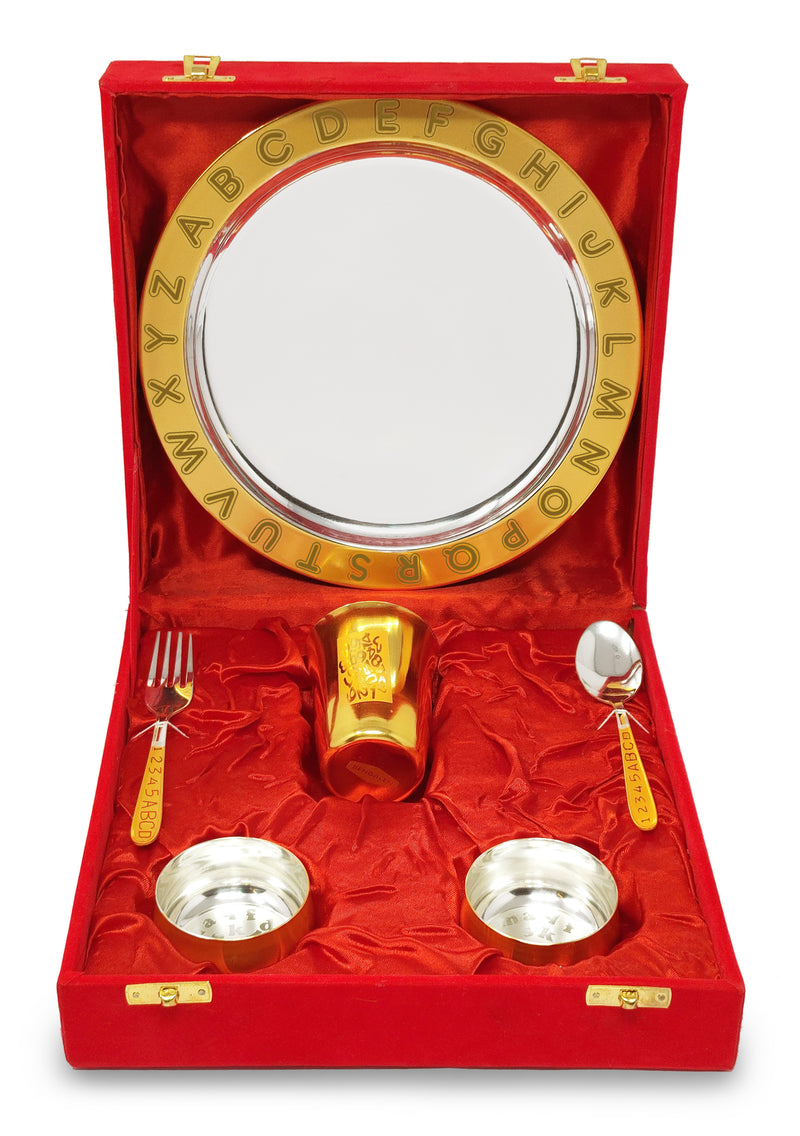 NOBILITY Gold & Silver Plated Baby Dinner Set With Red Velvet Box for Gift Rice Ceremony Annaprashan Sanskar for Boys Girls Kids Birthday Return Festive Gift Items