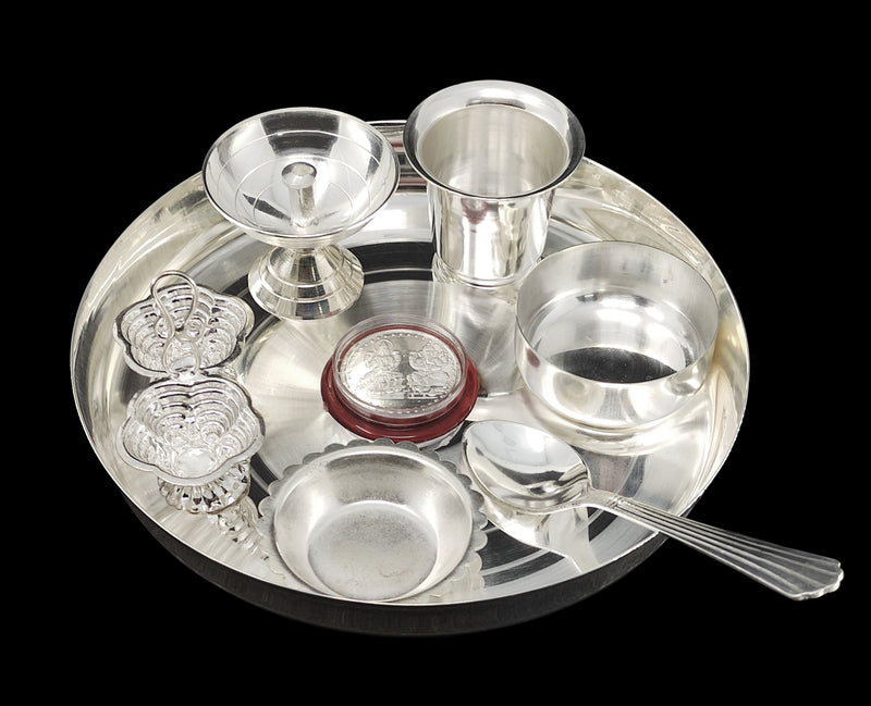 NOBILITY Silver Plated Pooja thali Set 7 Inch Plate Bowl Kumkum Holder Pyiali Diya Glass Bowl Spoon Ganesh Lakshmi Coin Puja Thali for Diwali, Home, Office, Temple, Wedding Return Gift Items