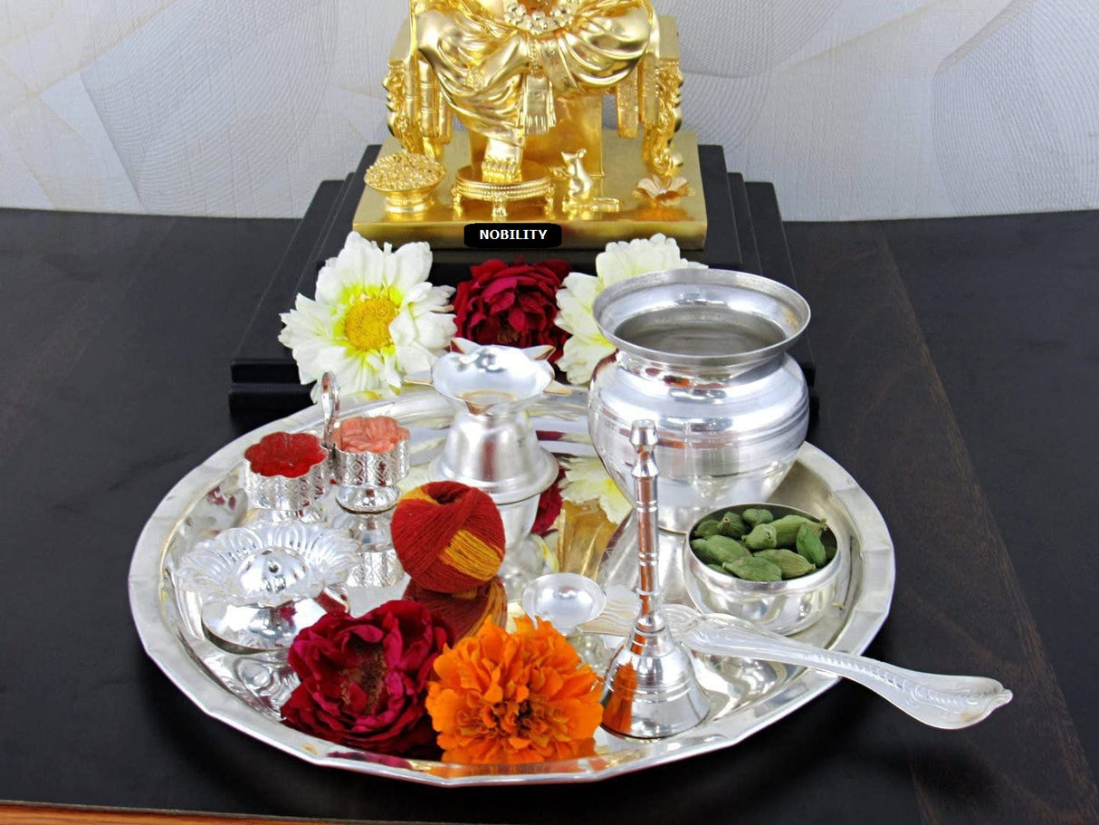 NOBILITY Pooja Thali Set 8 Inch Silver Plated with Accessories for Festival Ethnic Puja Thali for Diwali Home Temple Office Wedding Return Gift Items