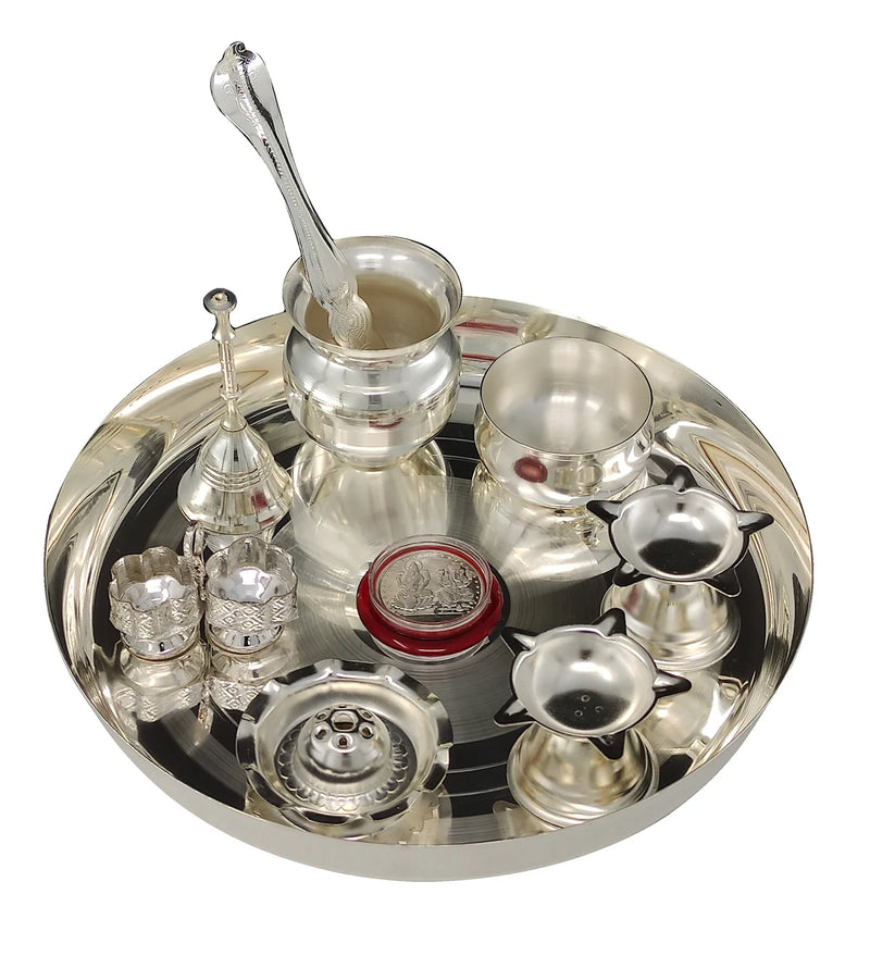 NOBILITY Silver Plated Pooja thali Set 8 Inch with Plate Agarbatti Stand Bowl Palli Kalash Diya Kumkum Holder Coin Puja Thali for Home Mandir Office Wedding Return Diwali Gift Items