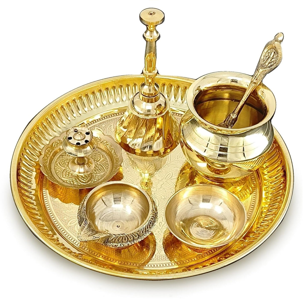 NOBILITY Brass Pooja Thali Set Small 6 Inch Puja Thali with Pital Plate Kalash Kuber Diya Chandan Wati Agarbatti Stand Ghanti Palli Arti Thali for Diwali Home Office Mandir Wedding Return Gift Items