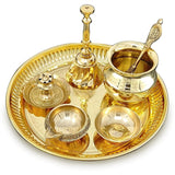 NOBILITY Brass Pooja Thali Set Small 6 Inch Puja Thali with Pital Plate Kalash Kuber Diya Chandan Wati Agarbatti Stand Ghanti Palli Arti Thali for Diwali Home Office Mandir Wedding Return Gift Items