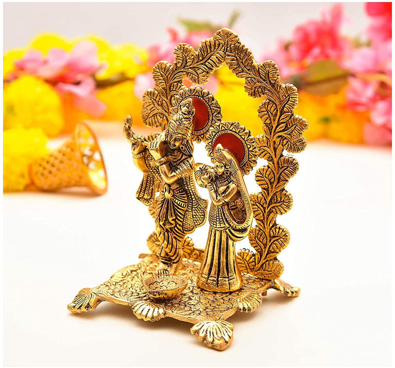 NOBILITY Radha Krishna Idol Statue Metal Gold Plated with Diya Peacock Design Hindu Religious Radha Krishan Showpiece Figurine for Janmashtami Home Temple Pooja Decor Wedding Return Gifts