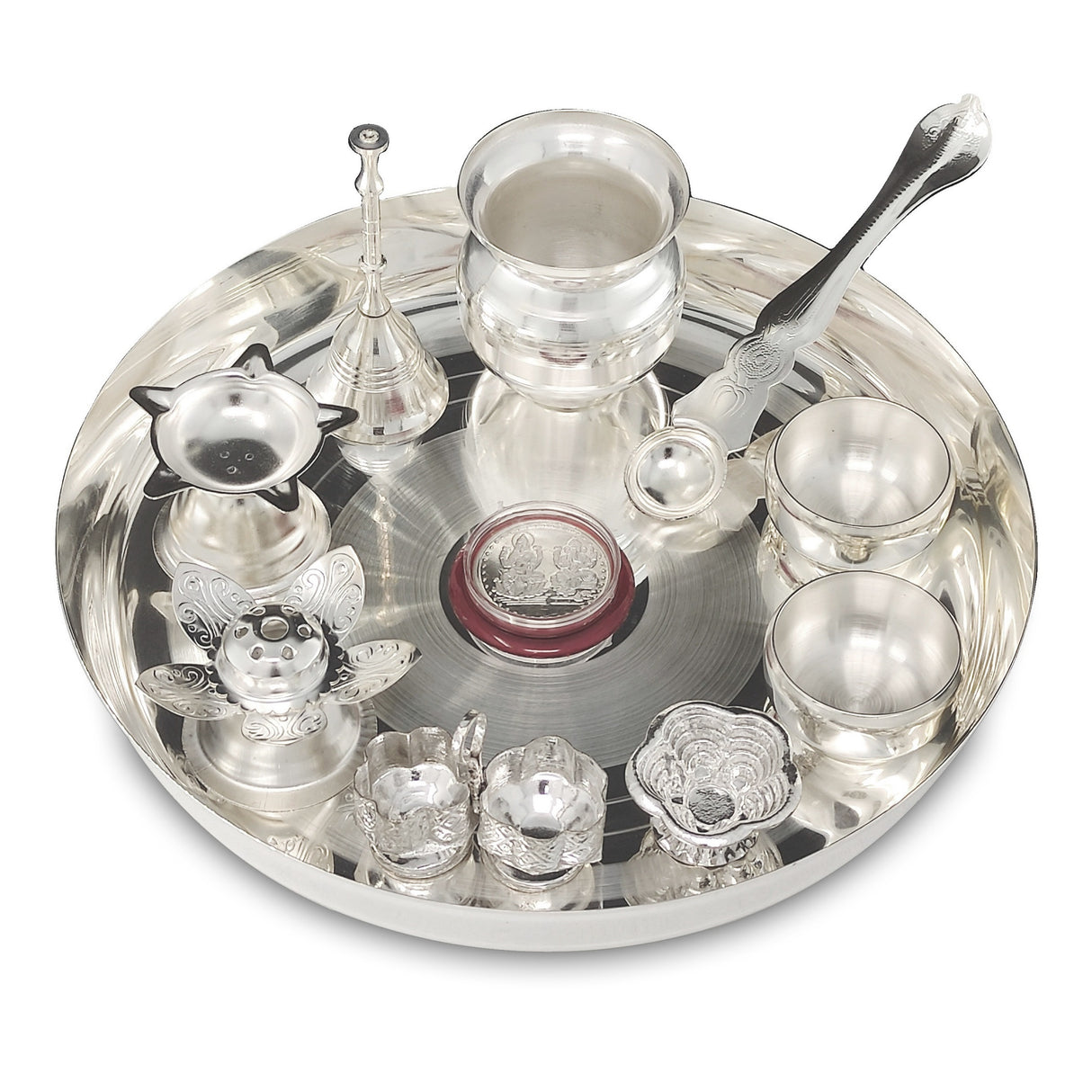 NOBILITY Silver Plated Pooja Thali Set 8 Inch with Plate Ghanti Glass Bowl Agarbatti Stand Palli Diya Kumkum Stand Coin Puja Thali for Diwali Home Mandir Office Wedding Return Gift Items