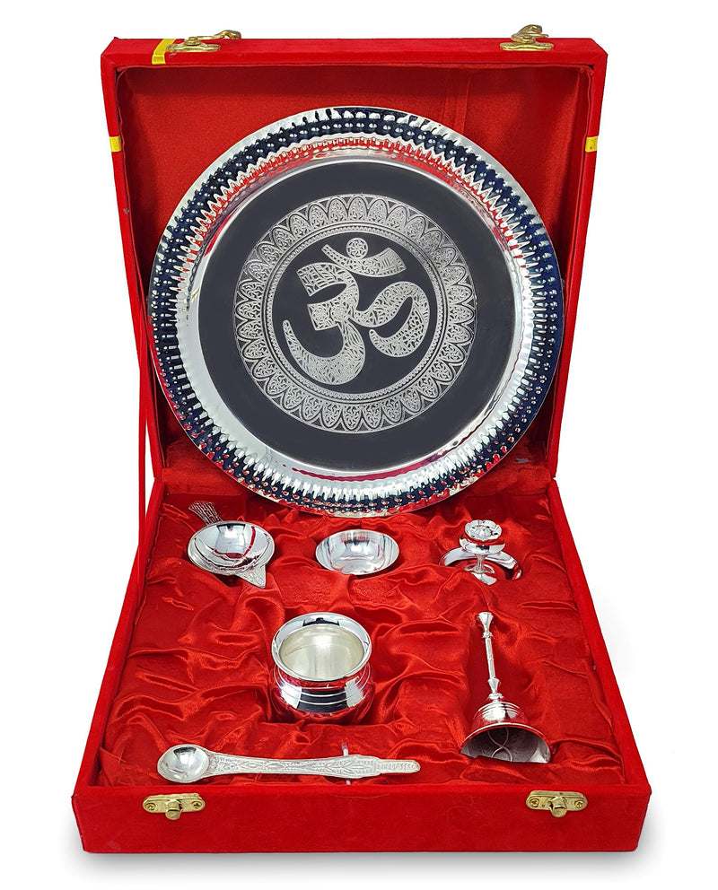 NOBILITY Pooja Thali Set Silver Plated with Red Gift Box Om Designed 22 cm Puja Plate Kalash Bowl Ghanti Spoon Dhup Dan Diya for Home Office Diwali Wedding Return Gift Items