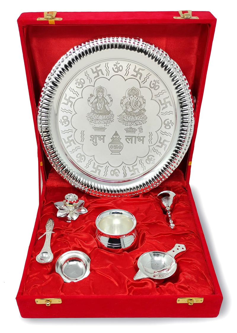 NOBILITY Pooja Thali Set Silver Plated with Gift Box Designed Puja Plate 22 CM Kalash Bowl Ghanti Spoon Dhup Dan Diya for Home Office Diwali Wedding Return Gift Items