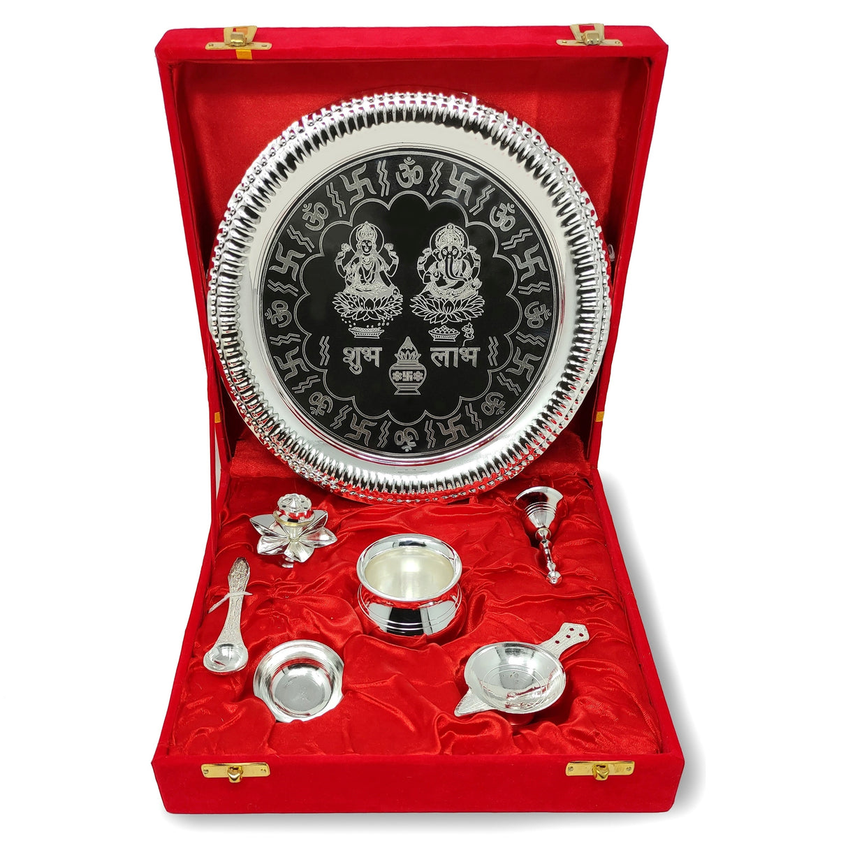 Bengalen Pooja Thali Set Silver Plated with Red Gift Box Designed 22 cm Puja Plate Kalash Bowl Ghanti Spoon Dhup Dan Diya for Home Office Diwali Wedding Return Gift Items