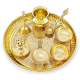 Brass Pooja Thali Set 8 Inch with Pital Plate Glass Nag Archmini Spoon Ghanti Kuber Diya Dhup Dan Bowl Puja Thali for Diwali Home Mandir Office Wedding Return Gift Items