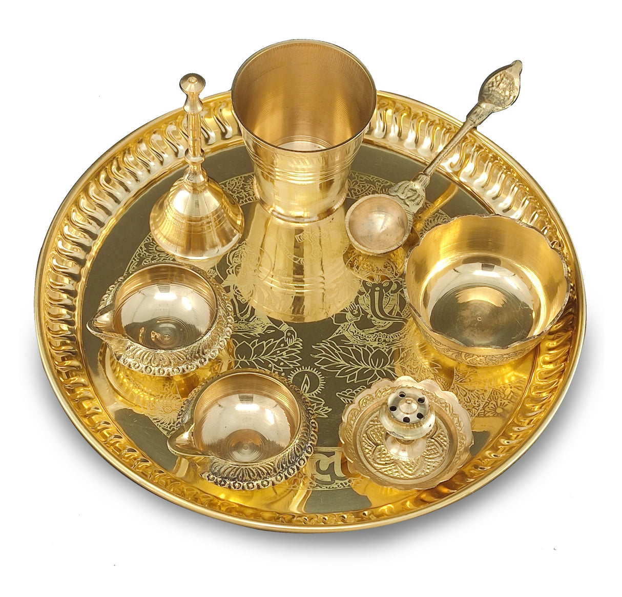 Brass Pooja Thali Set 8 Inch with Pital Plate Glass Nag Archmini Spoon Ghanti Kuber Diya Dhup Dan Bowl Puja Thali for Diwali Home Mandir Office Wedding Return Gift Items