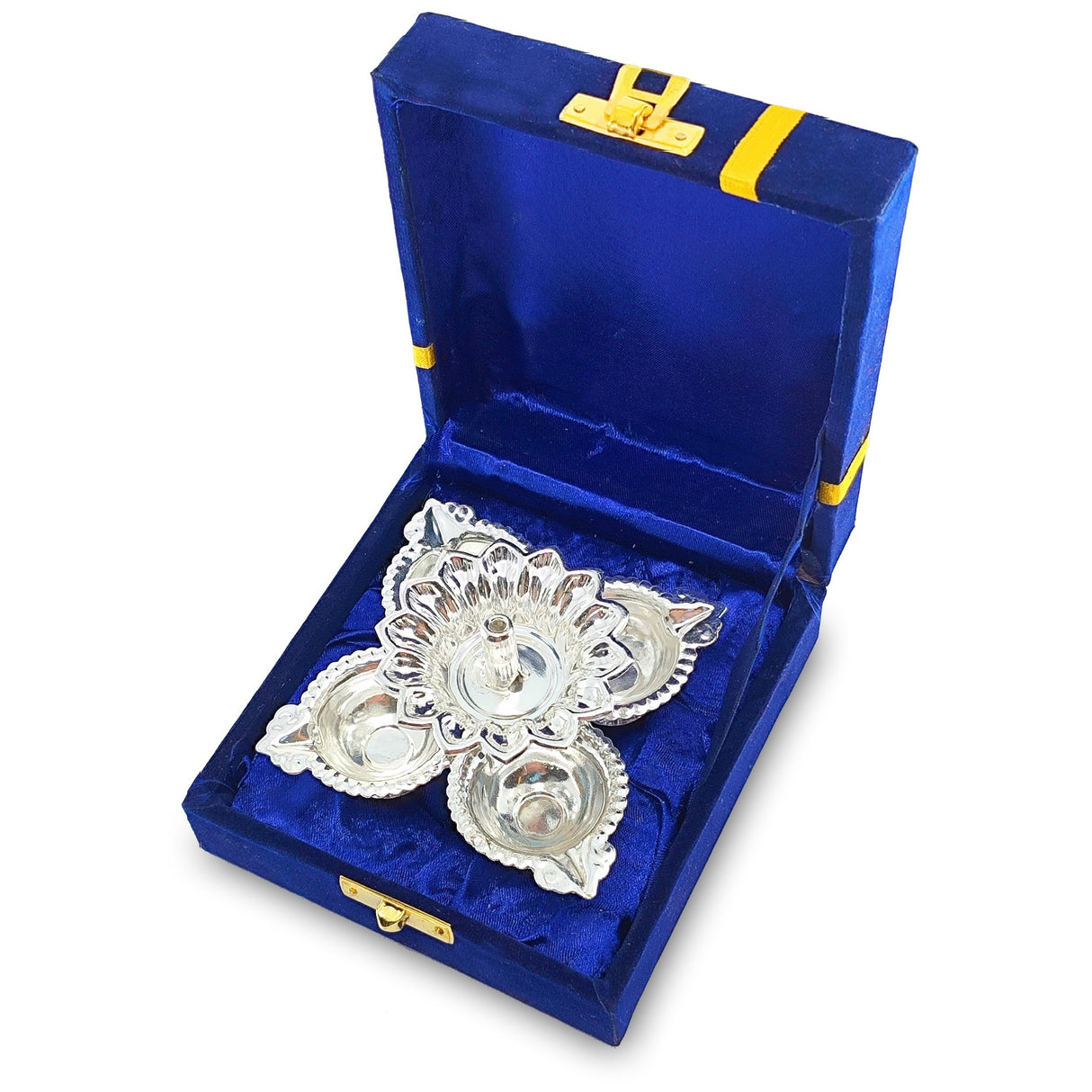 German Silver Diya Oil Lamp with Blue Velvet Box Silver Plated Panchmukhi Dia Pooja Items Home Decoration Puja Gifts Handmade Diwali Gift