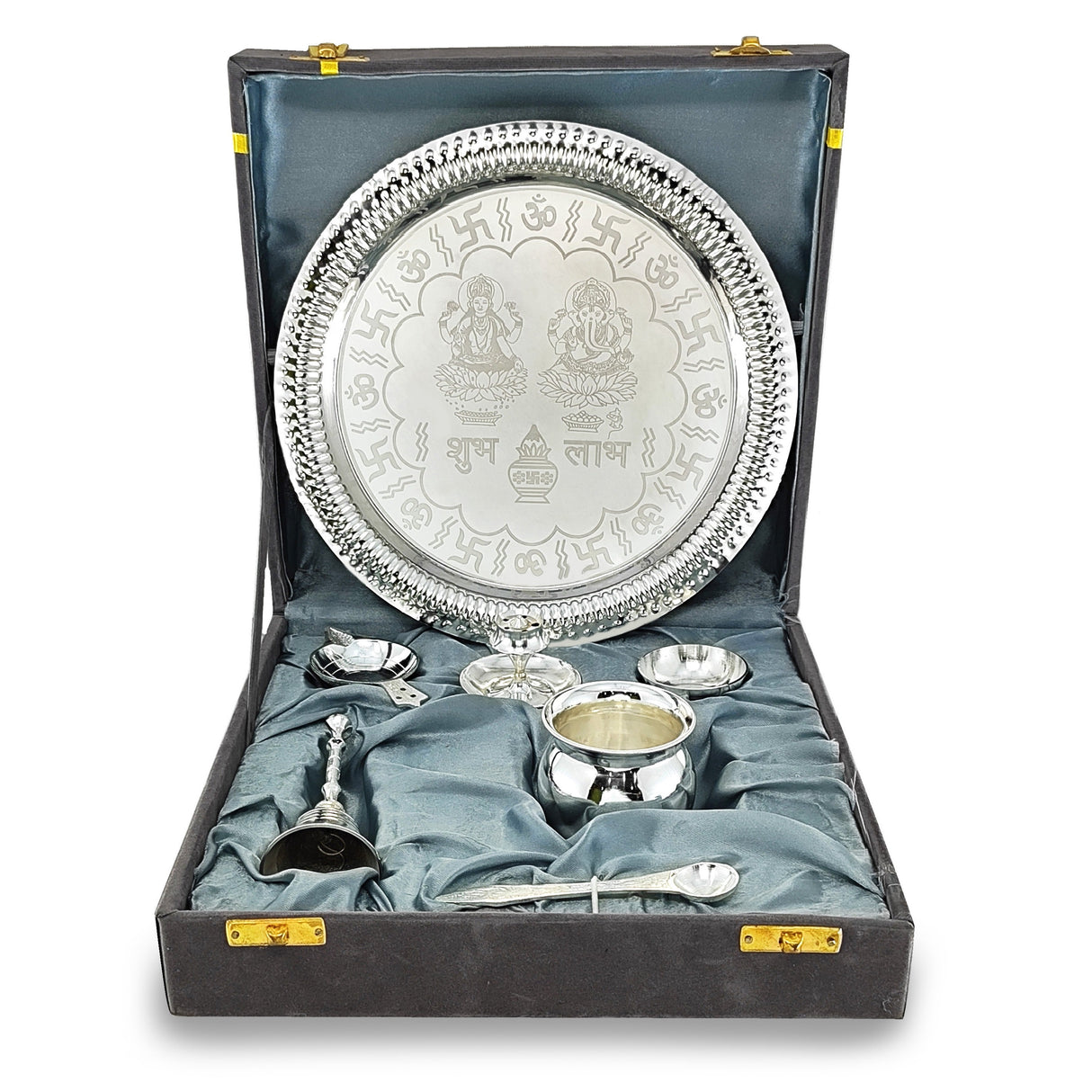 Pooja Thali Set Silver Plated with Grey Gift Box Designed 22 cm Puja Plate Kalash Bowl Ghanti Spoon Dhup Dan Diya for Home Office Diwali Wedding Return Gift Items