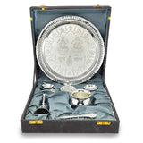 NOBILITY Pooja Thali Set Silver Plated with Gray Gift Box Designed Puja Plate 22 CM Bowl Ghanti Kalash Spoon Dhup Dan Diya for Home Office Diwali Wedding Return Gift Items