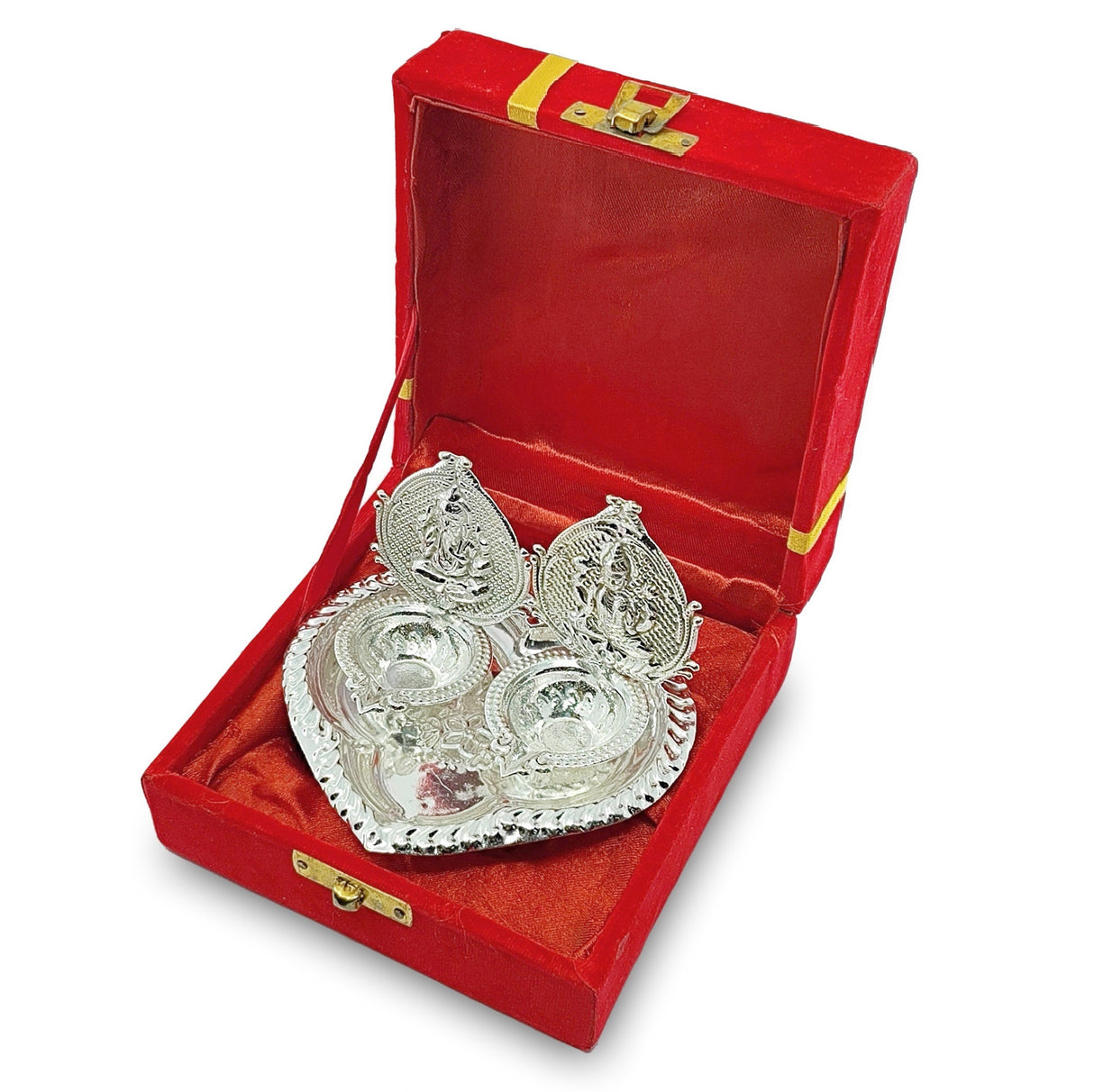 NOBILITY Silver Plated Diya with Red Velvet Gift Box Ganesh Lakshmi Design Idol Dia Pooja Items Diwali Decoration Puja Gifts Handmade Oil Lamp Traditional Indian Deepawali Gift Items