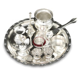 Bengalen Silver Plated Pooja thali Set 8 Inch with Plate Ghanti Bowl Spoon Dhup Dan Diya Kumkum Holder Coin Puja Thali for Home Mandir Office Wedding Return Diwali Gift Items