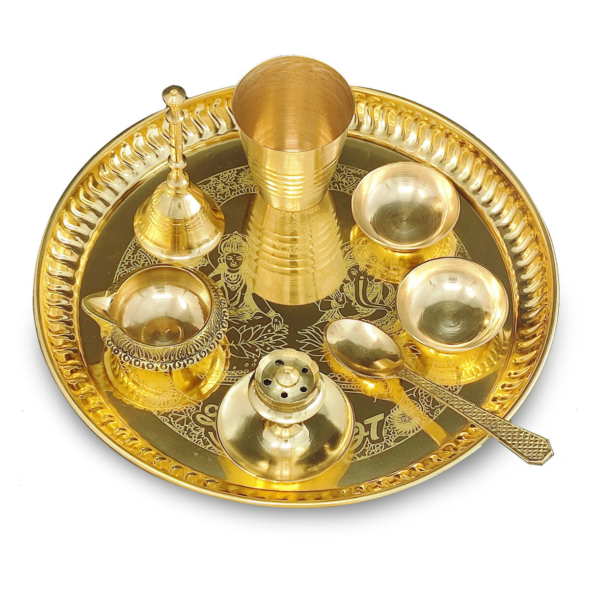 NOBILITY Brass Pooja thali Set 8 Inch with Pital Puja Plate Glass Spoon Ghanti Bowl Kuber Diya Agarbatti Stand Arti Thali for Diwali Home Mandir Office Wedding Return Gift Items