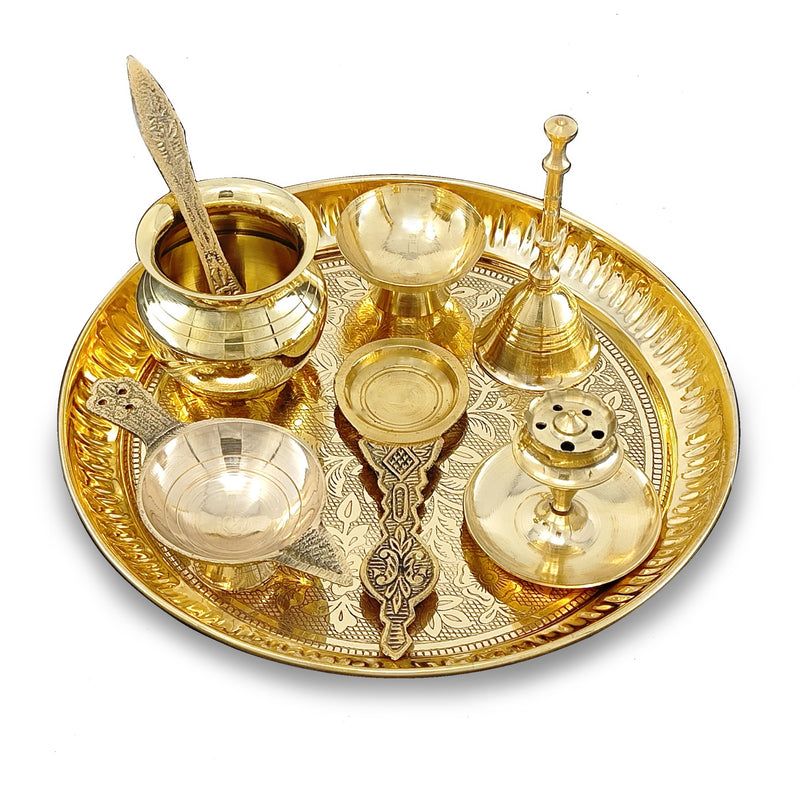 NOBILITY Brass Pooja Thali Set 7 Inch with Pital Puja Plate Kalash Bowl Spoon Dhup Dan Palli Ghanti Kuber Diya Chandan Wati Arti Thali for Diwali Home Office Mandir Wedding Return Gift Items