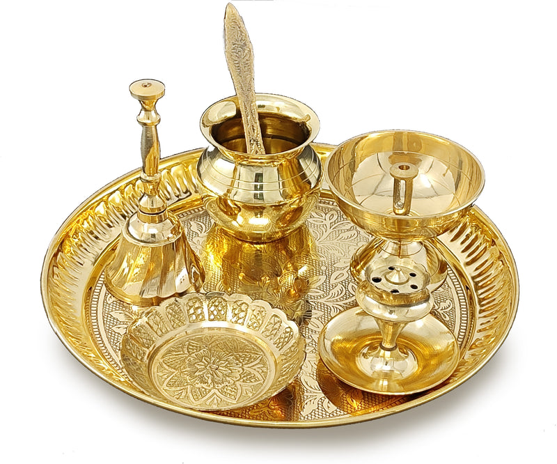 NOBILITY Brass Pooja Thali Set 7 Inch with Pital Puja Plate Kalash Bowl Spoon Dhup Dan Palli Ghanti Kuber Diya Chandan Wati Arti Thali for Diwali Home Office Mandir Wedding Return Gift Items