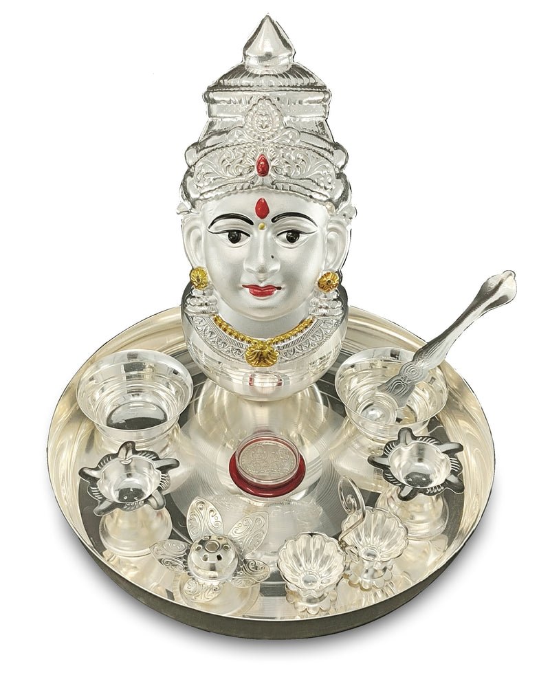 NOBILITY Silver Plated Pooja thali Set with Varalakshmi Devi Mukhota Idol Statue