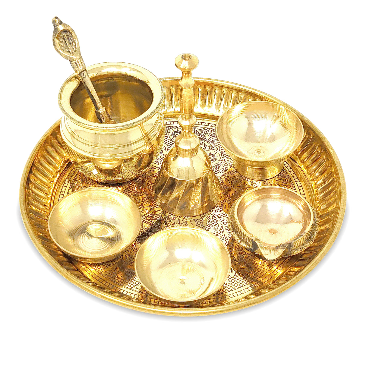 NOBILITY Brass Pooja Thali Set Small 6 Inch Puja Thali with Pital Plate Chandan Wati Kalash Kuber Diya Ghanti Palli Arti Thali for Diwali Home Office Mandir Wedding Return Gift Items