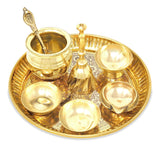 NOBILITY Brass Pooja Thali Set Small 6 Inch Puja Thali with Pital Plate Chandan Wati Kalash Kuber Diya Ghanti Palli Arti Thali for Diwali Home Office Mandir Wedding Return Gift Items