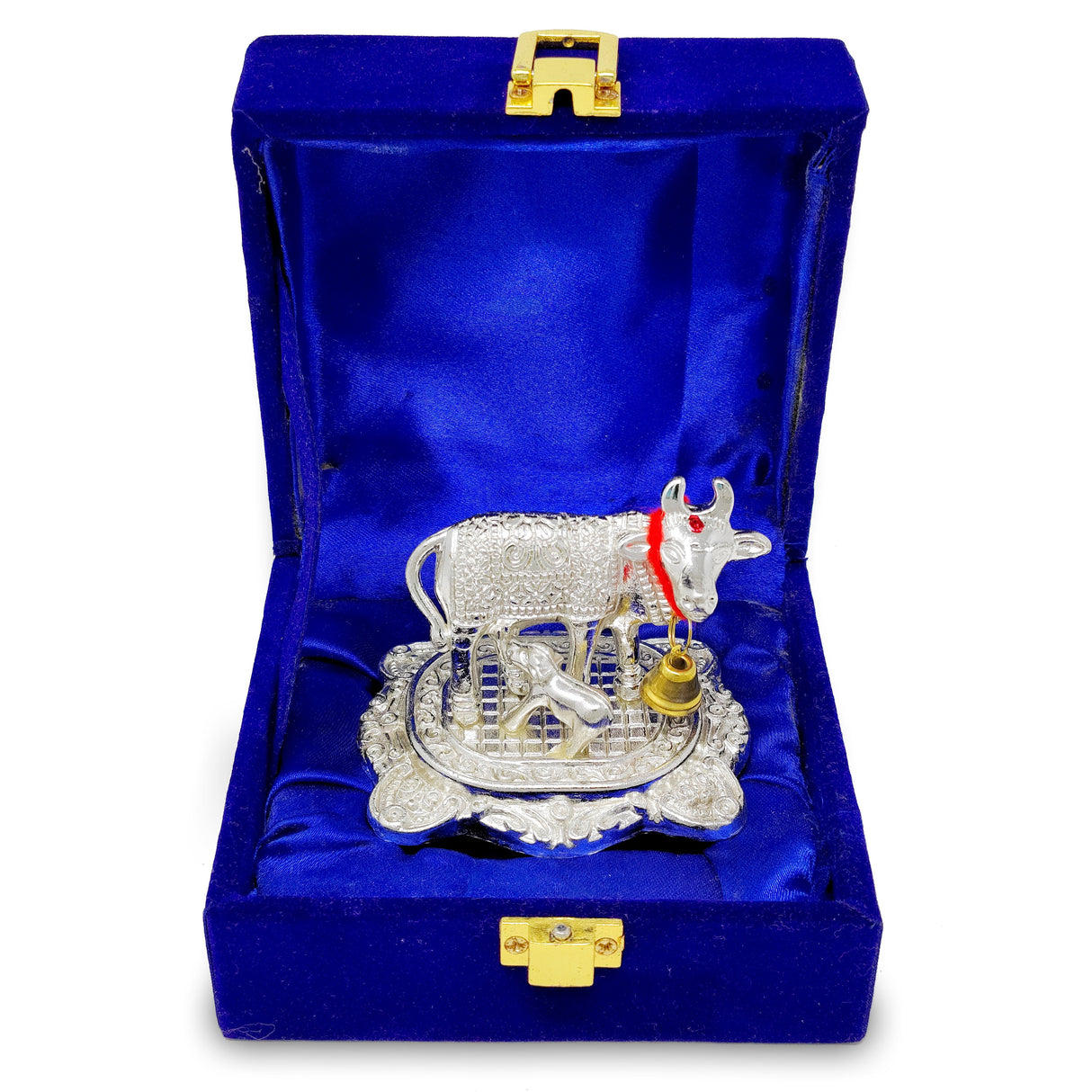 NOBILITY Small Kamdhenu Cow with Calf Metal Statue with Blue Gift Box Showpiece Decorative Item for Home Office Diwali Decoration Pooja Items Wedding Return Gifts