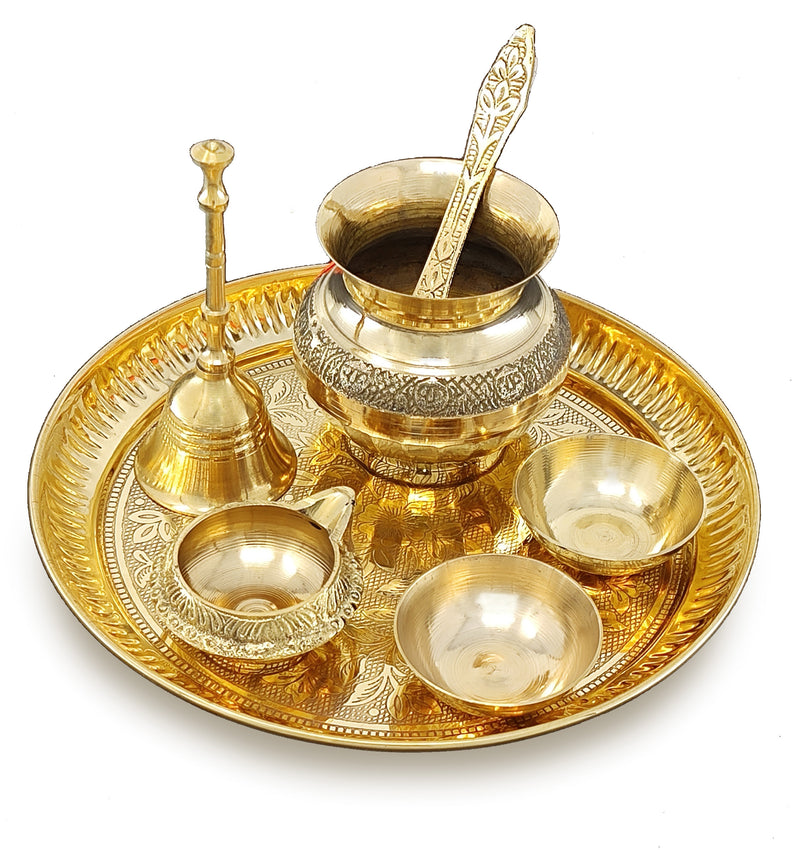 NOBILITY Brass Pooja Thali Set 7 Inch with Pital Puja Plate Kalash Bowl Spoon Dhup Dan Palli Ghanti Kuber Diya Chandan Wati Arti Thali for Diwali Home Office Mandir Wedding Return Gift Items