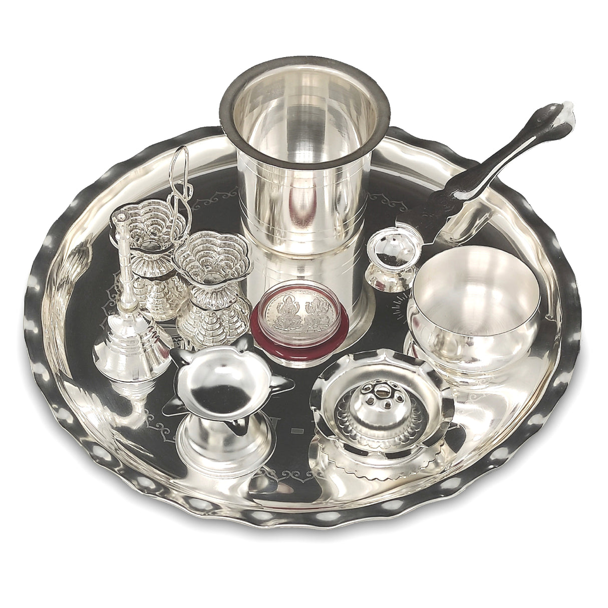 NOBILITY Silver Plated Pooja Thali Set 9.5 Inch with Plate Kalash Palli Diya Kumkum Holder Bowl Dhup Dan Coin Ghanti Puja Thali for Diwali Home Mandir Office Wedding Return Gift Items