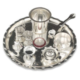NOBILITY Silver Plated Pooja Thali Set 9.5 Inch with Plate Kalash Palli Diya Kumkum Holder Bowl Dhup Dan Coin Ghanti Puja Thali for Diwali Home Mandir Office Wedding Return Gift Items
