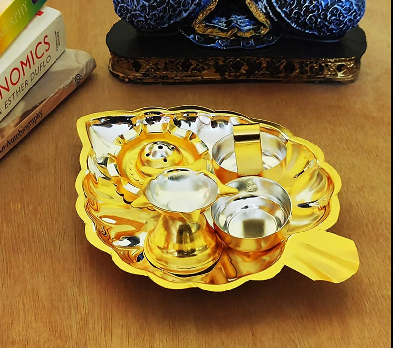 NOBILITY Silver & Gold Plated Leaf Shaped Pooja thali Set For Festival Ethnic Puja Thali Gift