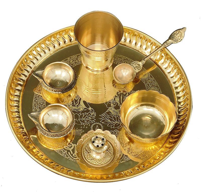 NOBILITY Brass Pooja Thali Set 8 Inch with Pital Plate Glass Nag Archmini Spoon Kuber Diya Dhup Dan Puja Thali for Diwali Home Mandir Office Wedding Return Gift Items