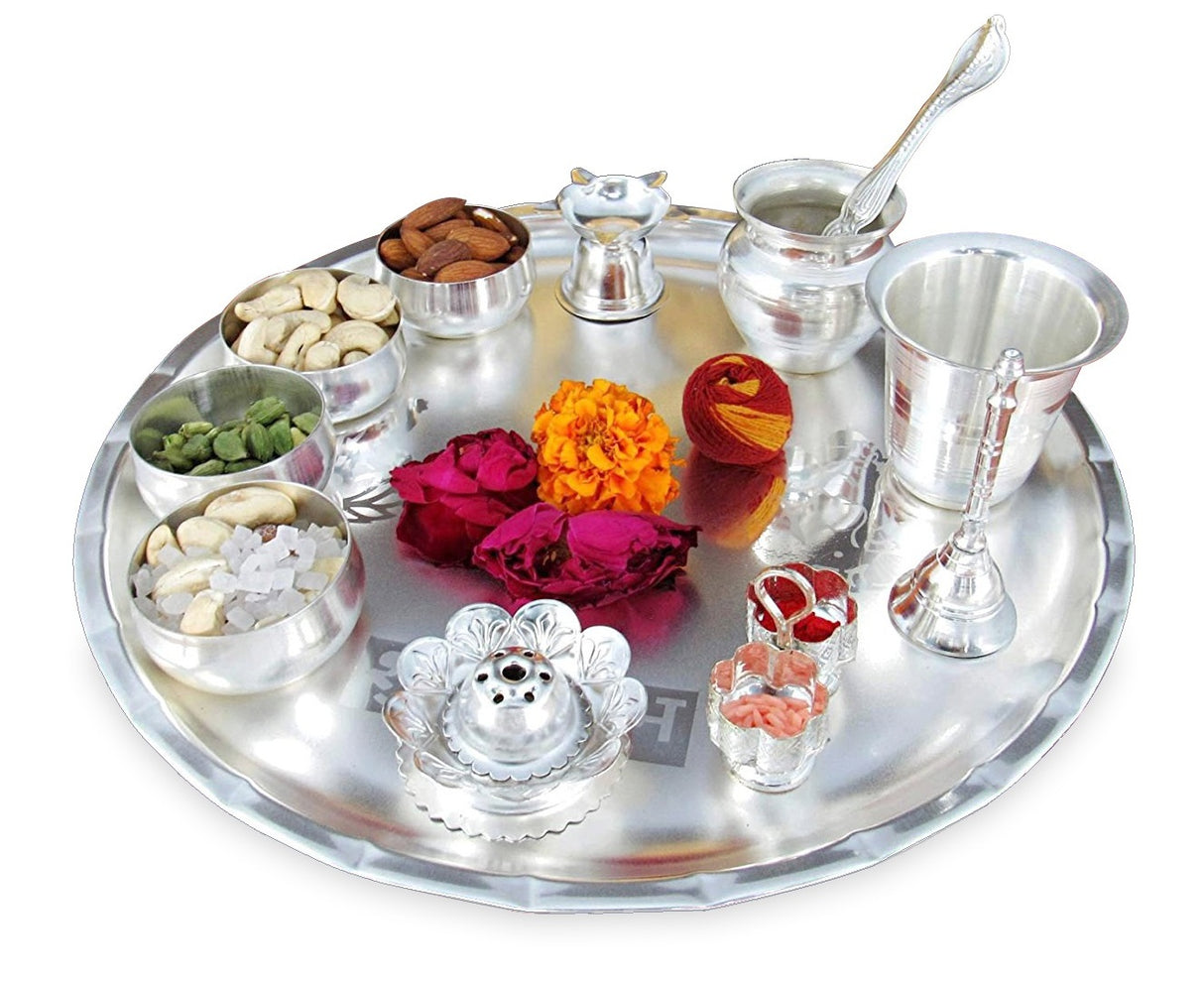 NOBILITY Pooja Thali Set Silver Plated Large 12 Inch Puja Thali for Diwali Decoration Gift Items Festival Ethnic Puja Thali for Temple Office Home Wedding Return Gifts