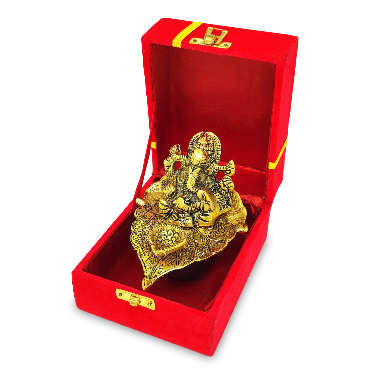 NOBILITY Gold Diya Ganesha on Leaf Oil Lamp Statue Idol with Red Velvet Gift Box Pooja Items Diwali Decoration Puja Gifts Handmade Oil Lamp Traditional Indian Deepawali Gift Items