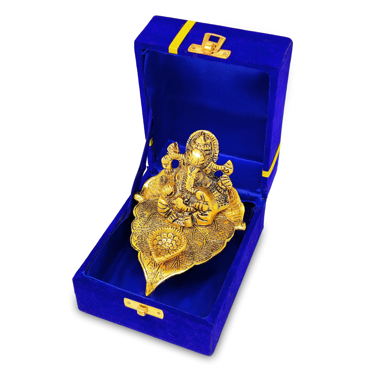 NOBILITY Gold Diya Ganesha on Leaf Oil Lamp Statue Idol with Blue Velvet Gift Box Pooja Items Diwali Decoration Puja Gifts Handmade Oil Lamp Traditional Indian Deepawali Gift Items