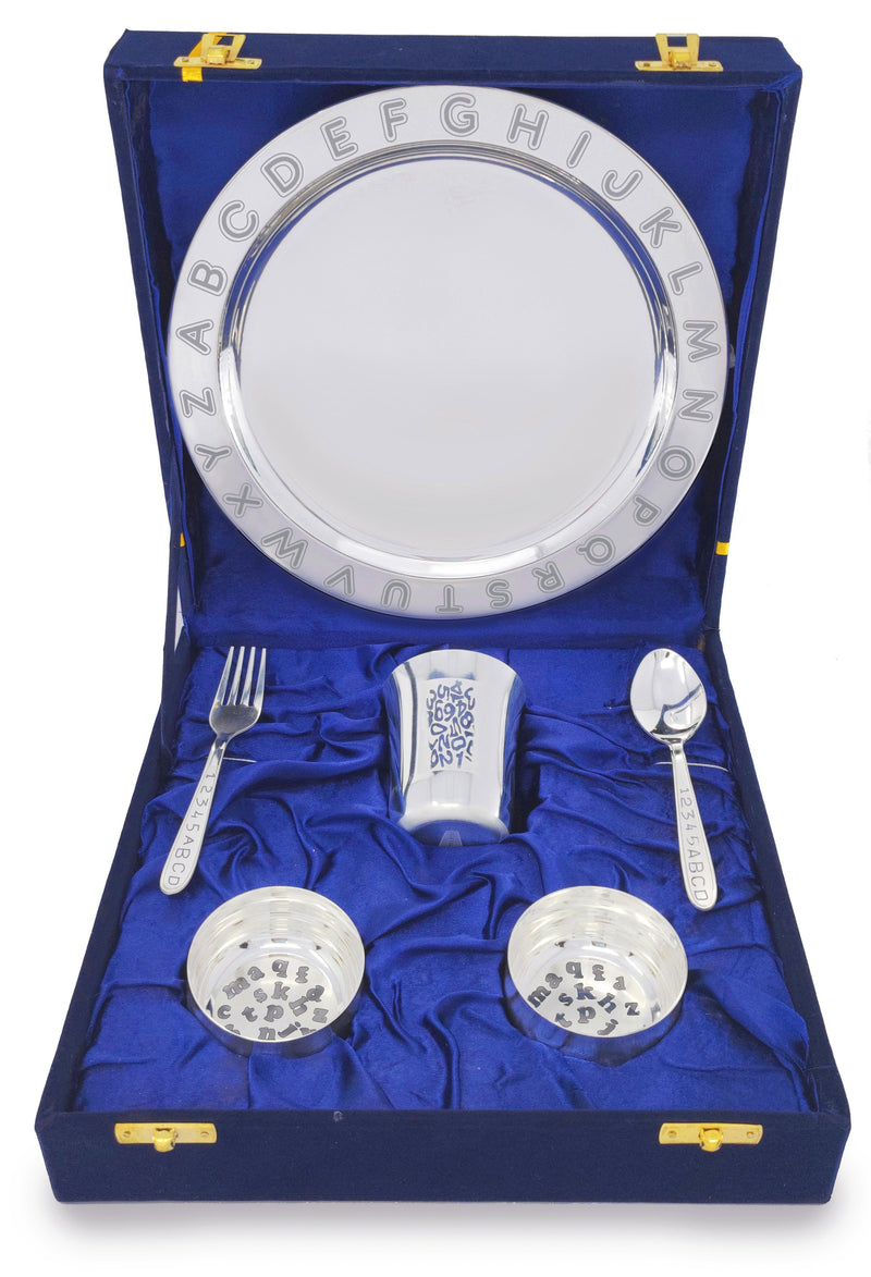 NOBILITY Silver Plated Baby Dinner Set With Blue Velvet Box for Gift Rice Ceremony Annaprashan Sanskar for Boys Girls Kids Birthday Return Festive Gift Items