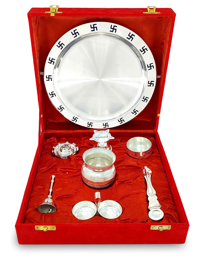 NOBILITY Pooja Thali Set Silver Plated with Red Gift Box