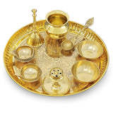 NOBILITY Brass Pooja Thali Set 8 Inch Puja Thali with Pital Plate Kalash Palli Chandan Vati Kuber Deep Dhup Dan Ghanti Arti Thali for Diwali Home Office Mandir Wedding Return Gift Items