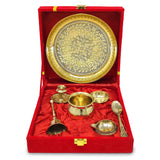 Brass Pooja Thali Set with Red Gift Box 6 Inch Pital Plate Kalash Spoon Chandan Wati Dhup Dan Kuber Diya Ghanti Puja Arti Thali for Diwali Home Office Mandir Wedding Return Gifts