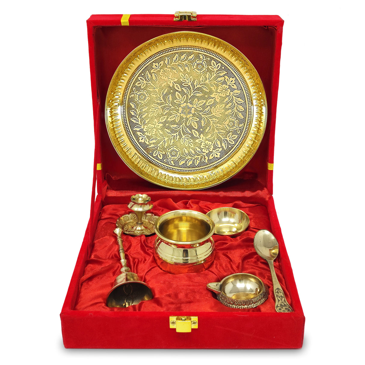 NOBILITY Brass Pooja Thali Set with Red Gift Box 6 Inch Pital Plate Kalash Spoon Chandan Wati Dhup Dan Kuber Diya Ghanti Puja Arti Thali for Diwali Home Office Mandir Wedding Return Gifts