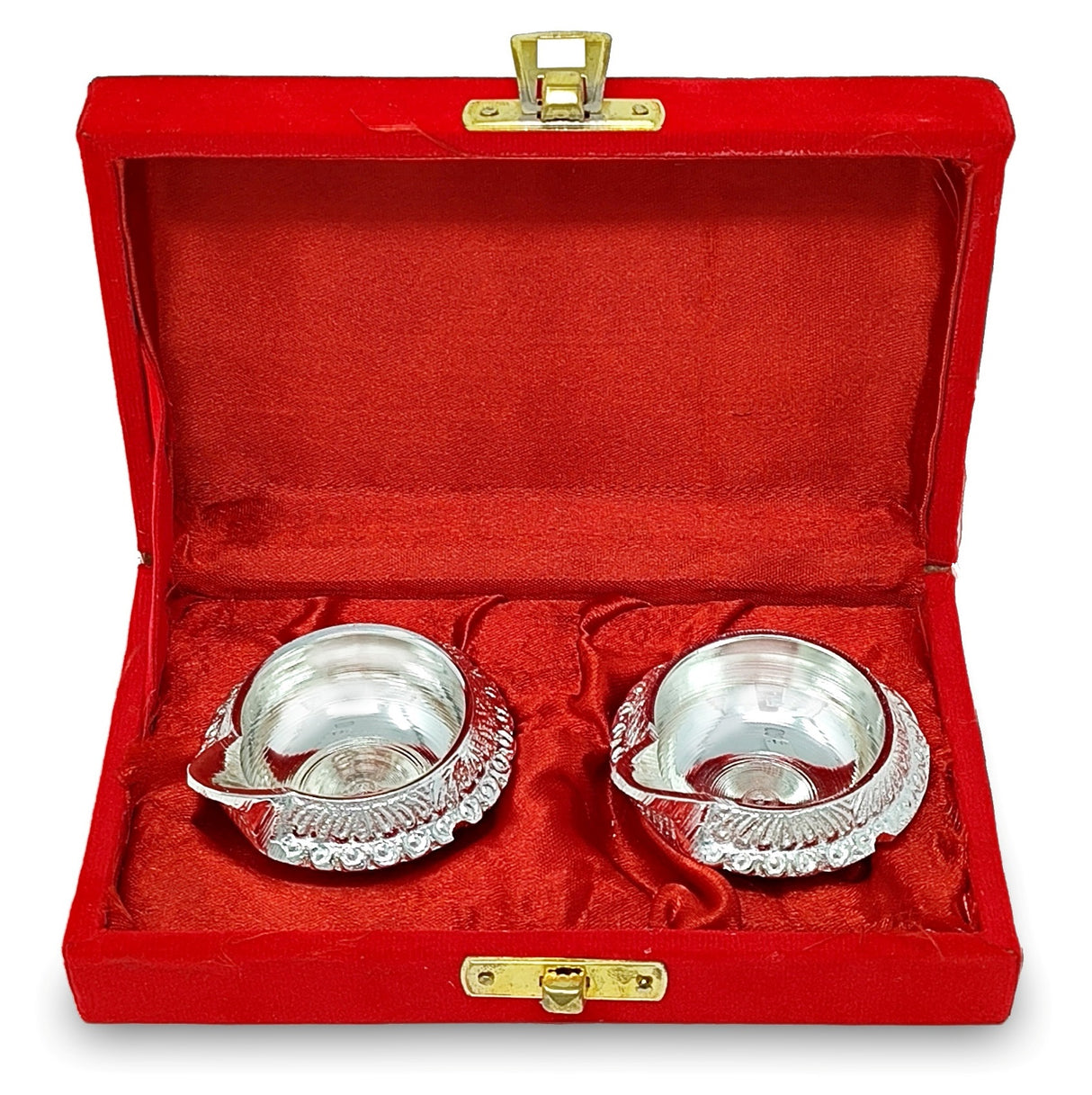 Silver Plated Kuber Diya with Red Velvet Gift Box Pooja Items Diwali Decoration Puja Gifts Handmade Daily Oil Lamp Traditional Indian Deepawali Gift Items