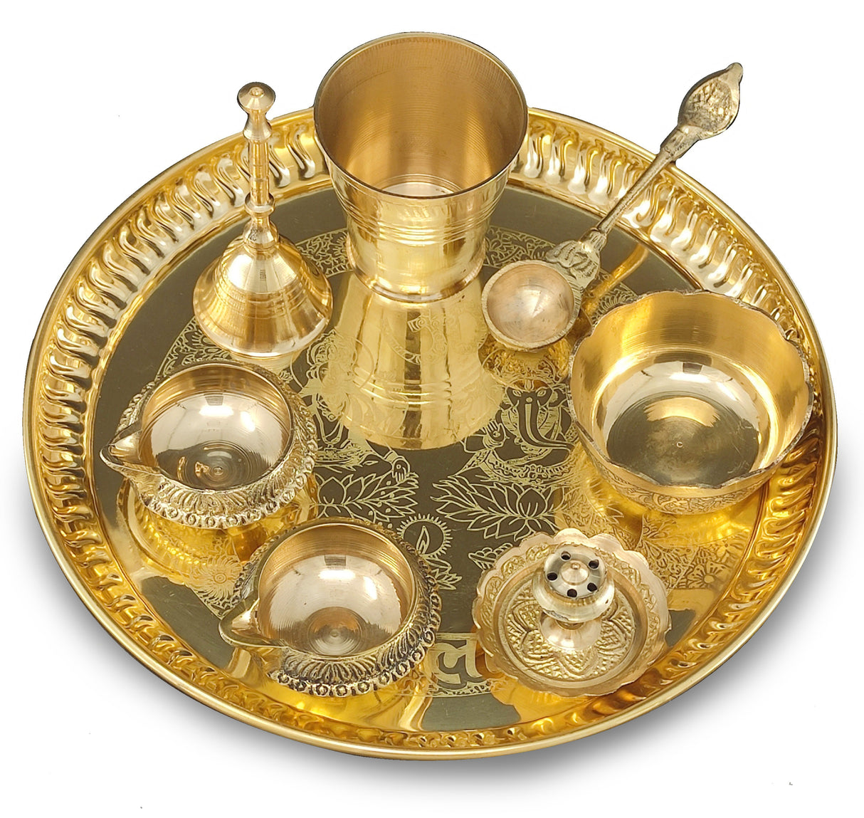 Brass Pooja Thali Set 8 Inch with Pital Plate Glass Nag Archmini Spoon Ghanti Kuber Diya Dhup Dan Bowl Puja Thali for Diwali Home Mandir Office Wedding Return Gift Items