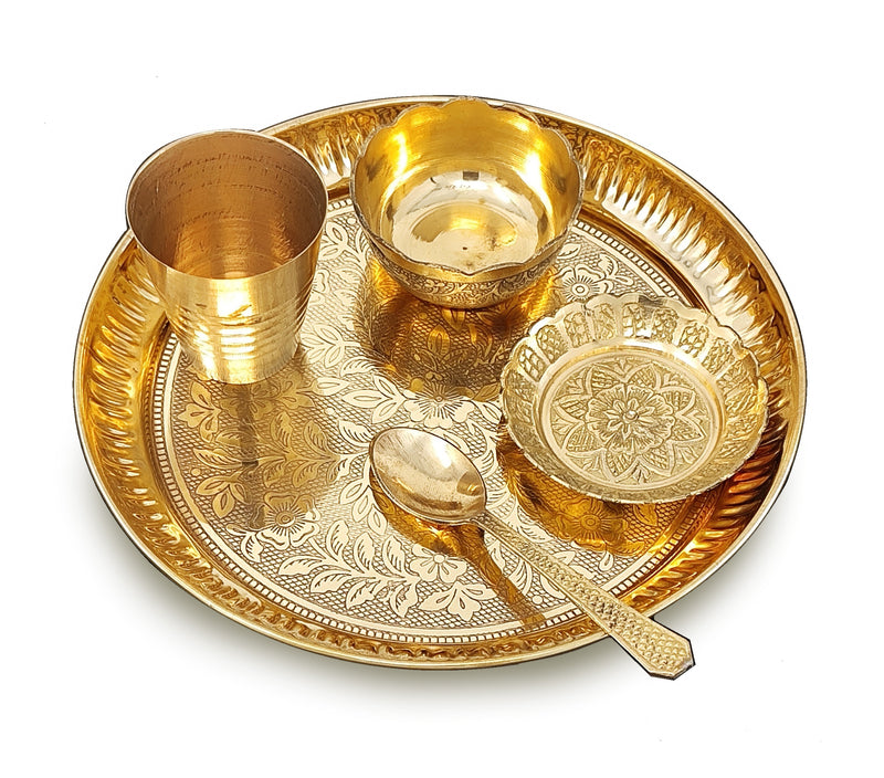 NOBILITY Brass Pooja Thali Set 7 Inch with Pital Puja Plate Kalash Bowl Spoon Dhup Dan Palli Ghanti Kuber Diya Chandan Wati Arti Thali for Diwali Home Office Mandir Wedding Return Gift Items